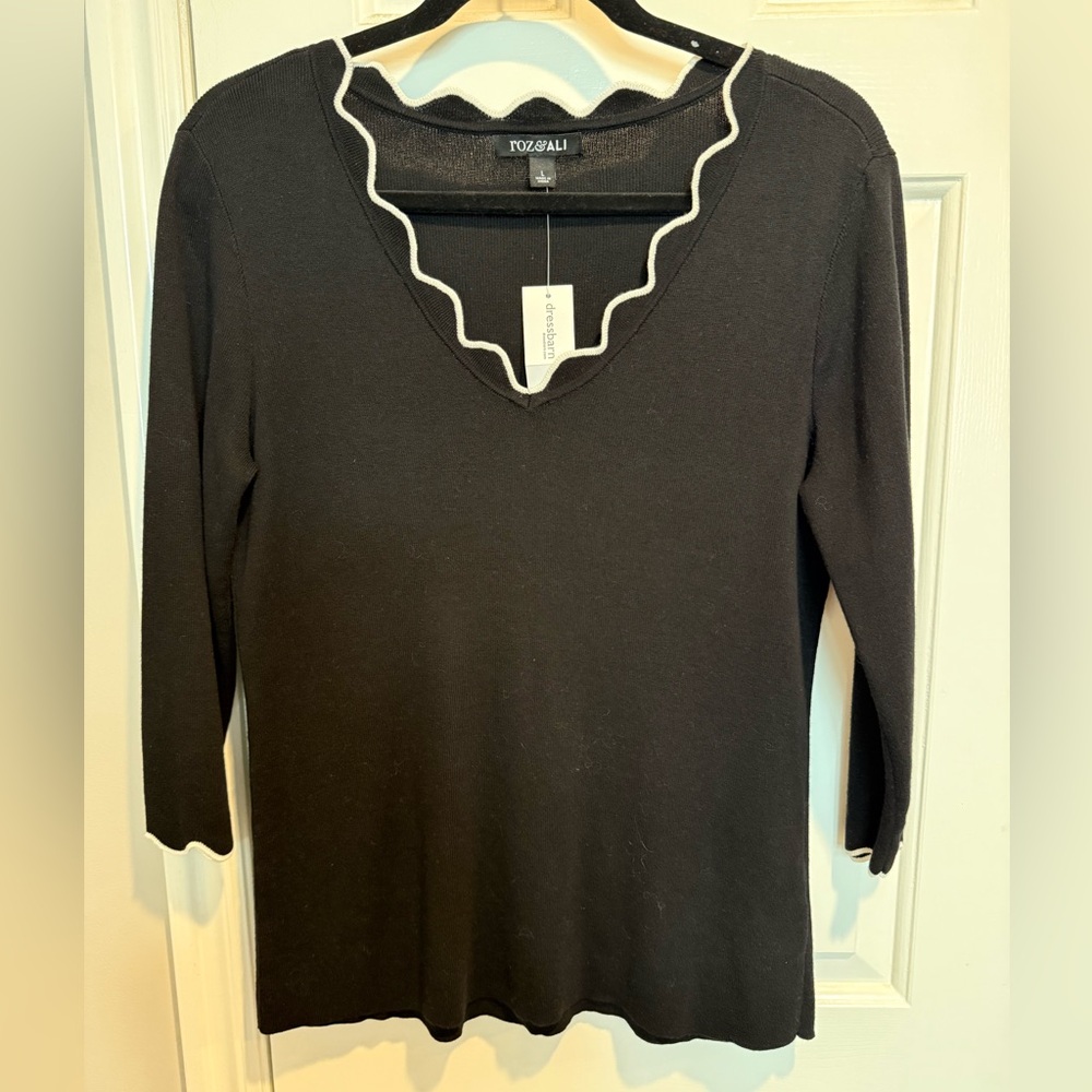 dressbarn Black Long Sleeve V-Neck Top with White Scallop Trim